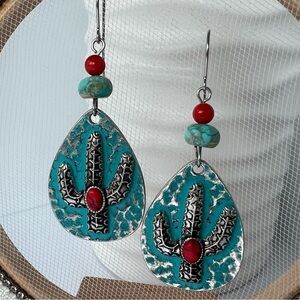SOUTHWESTERN Cactus Earrings with Red Cabochon Stones